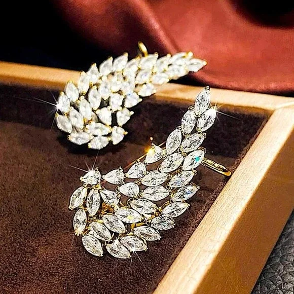 Gold Cubic Zircon Leaf Angel Wing Cuff Earrings - Picture 2 of 7